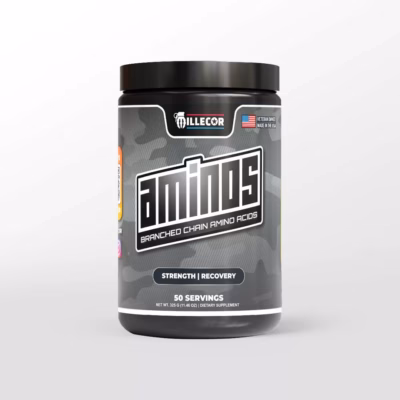 Veteran Owned Supplement Company MILLECOR Product Image for AMINOS Branched Chain Amino Acids Supplement Front Panel Image