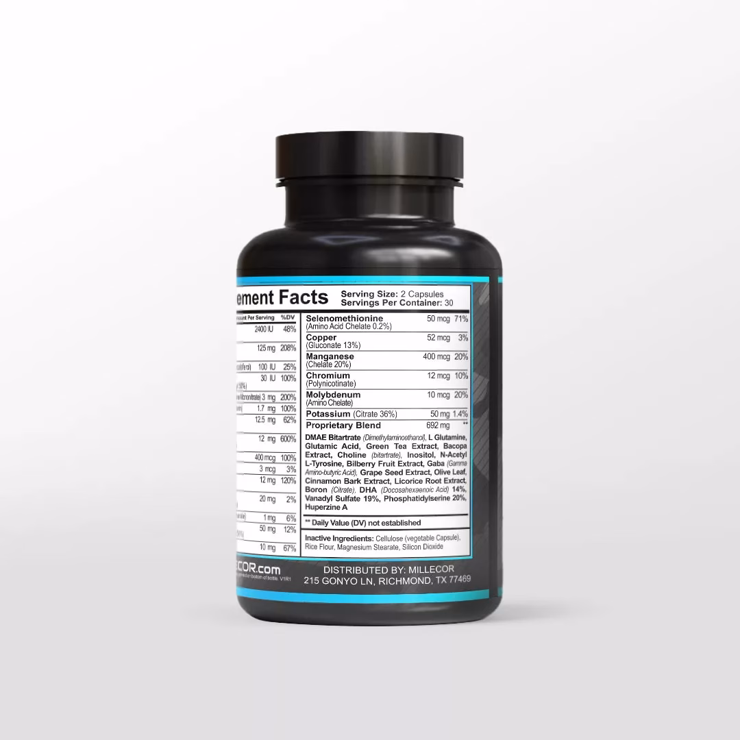 Veteran Owned Supplement Company MILLECOR Product Image for Neuro Plus Brain and Focus Formula Facts Panel Image
